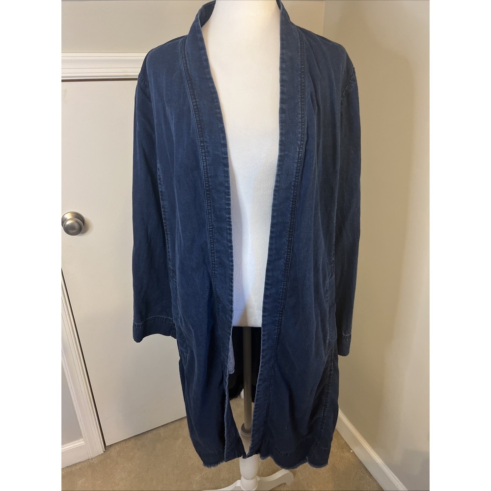 Eileen Fisher Womens Blue Denim Duster Cardigan Open Front Long Jacket Large L/G